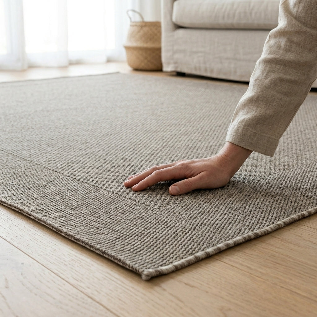 Person touching a textured gray rug in a room with a couch and basket in the background.