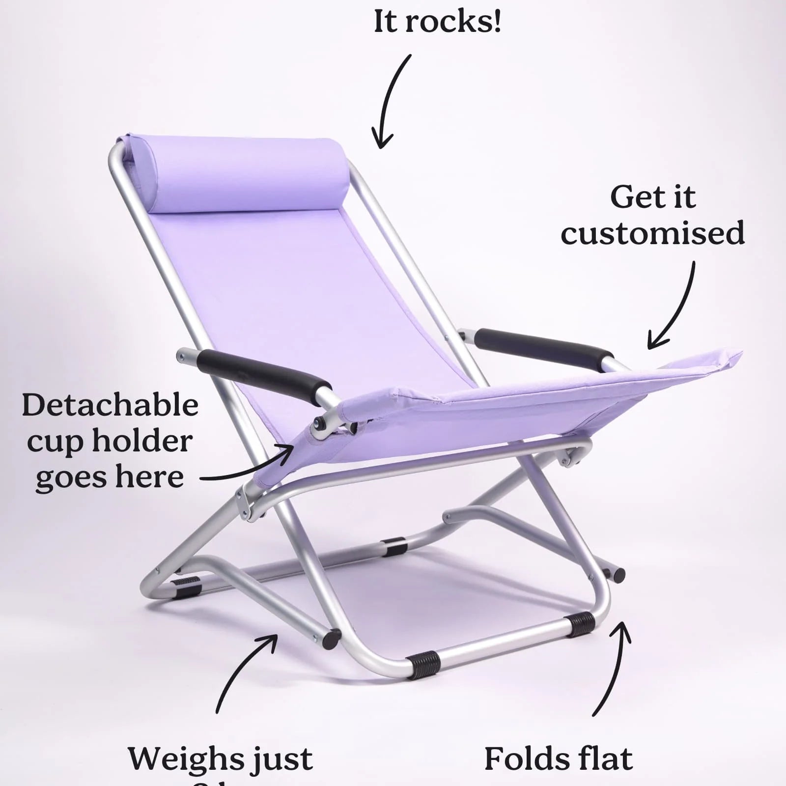 Foldable chair with features highlighted on a white background