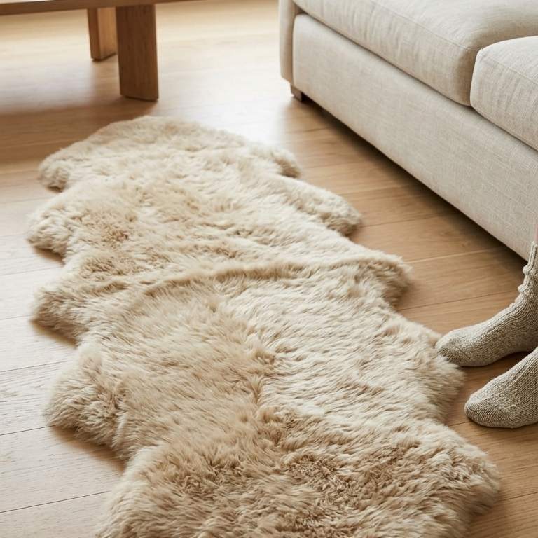 Fluffy sheepskin rug on a wooden floor in a living room with a sofa and coffee table.
