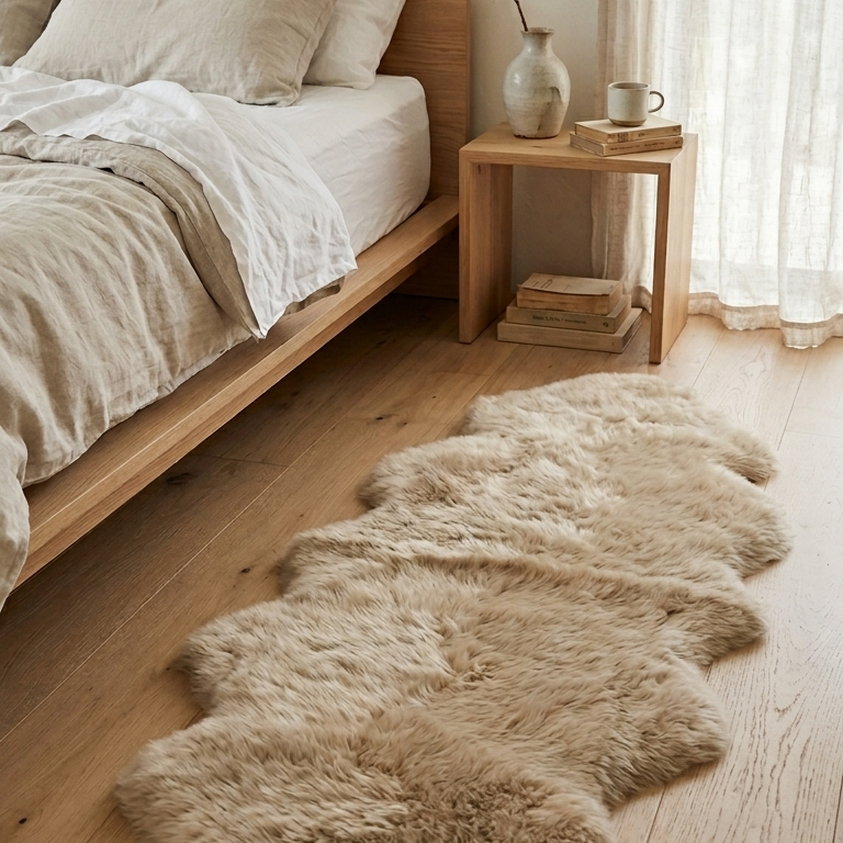Beige fluffy sheepkin double rug on a wooden floor in a bedroom setting with a bed and side table.