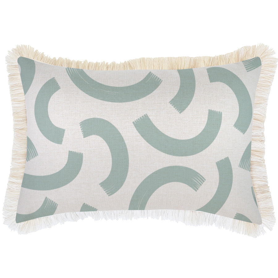 Decorative pillow with geometric pattern and fringes on a white background