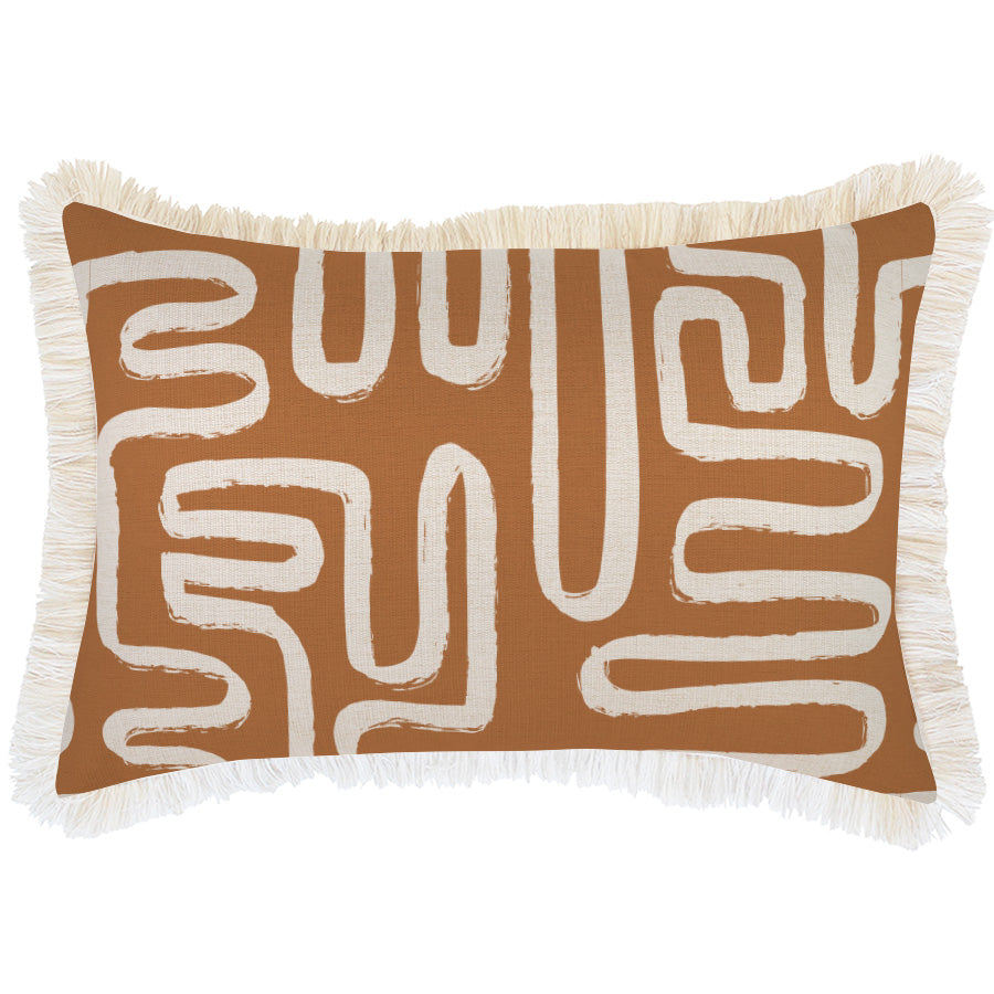 Decorative pillow with white abstract pattern on brown background