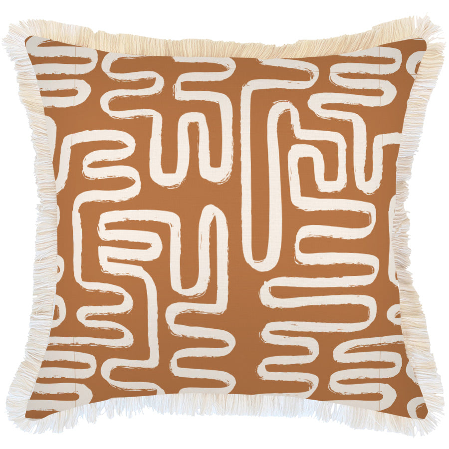 Decorative pillow with white abstract pattern on brown background