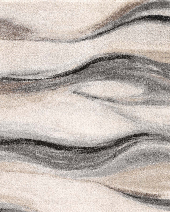 A modern neutral-colored rug with abstract geometric design, featuring shades of brown, beige, white, and gray.