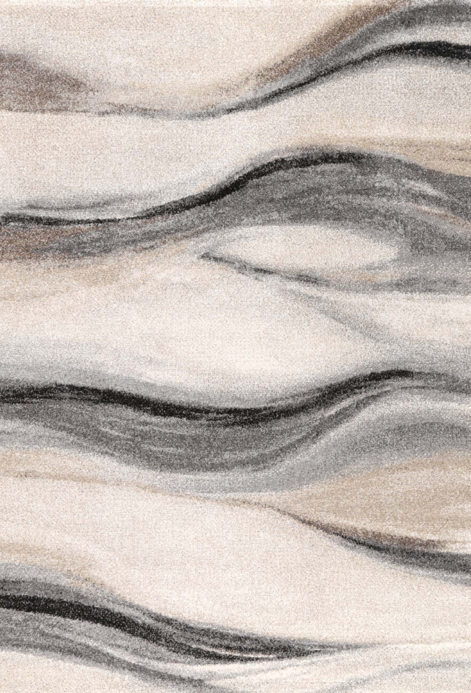 A modern neutral-colored rug with abstract geometric design, featuring shades of brown, beige, white, and gray.