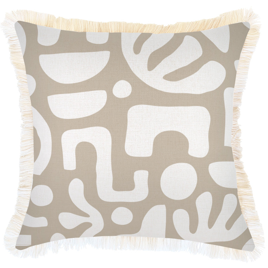 Decorative pillow with abstract pattern and tassels on a beige background