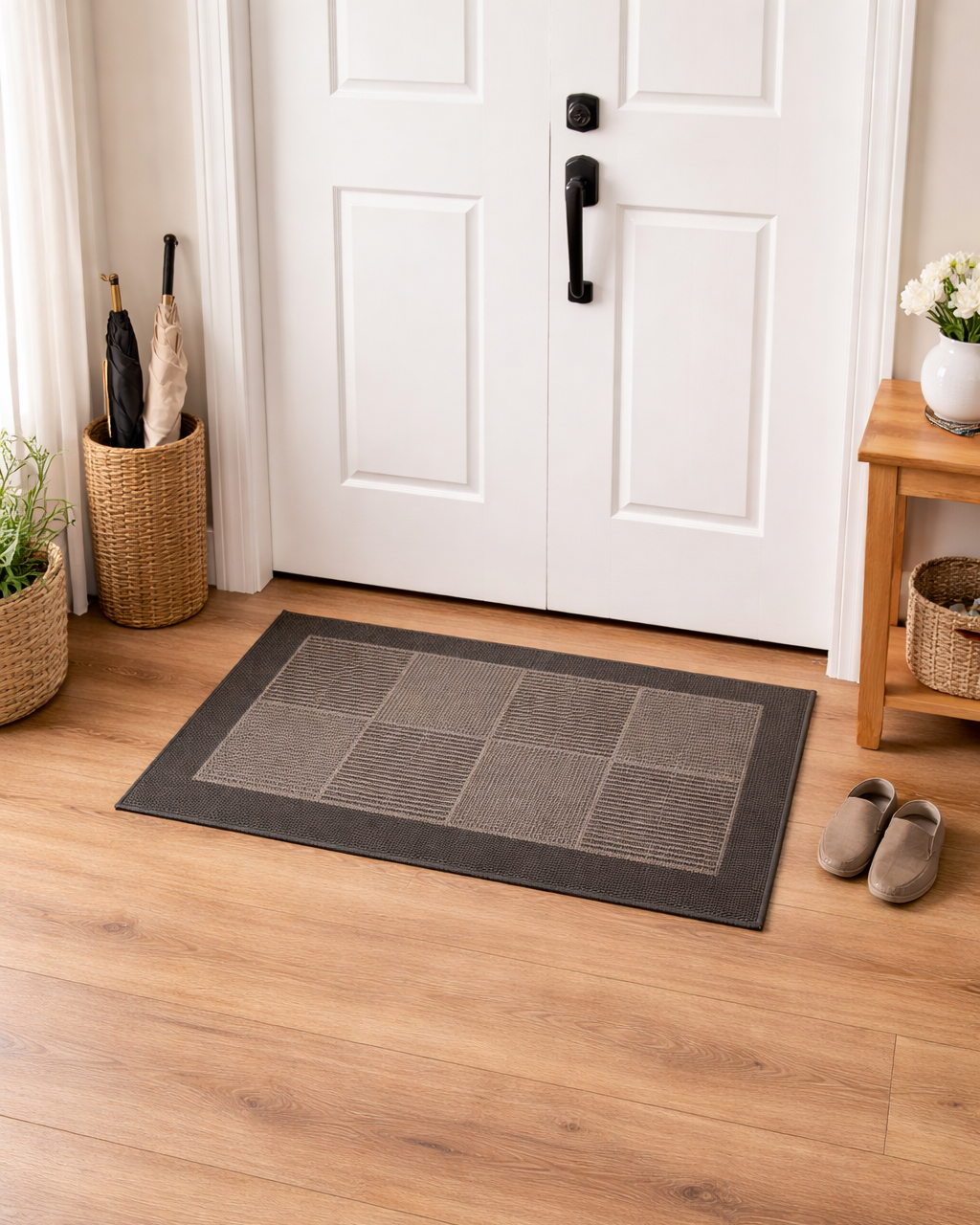 Gray doormat in front of a white door with shoes and baskets on a wooden floor.