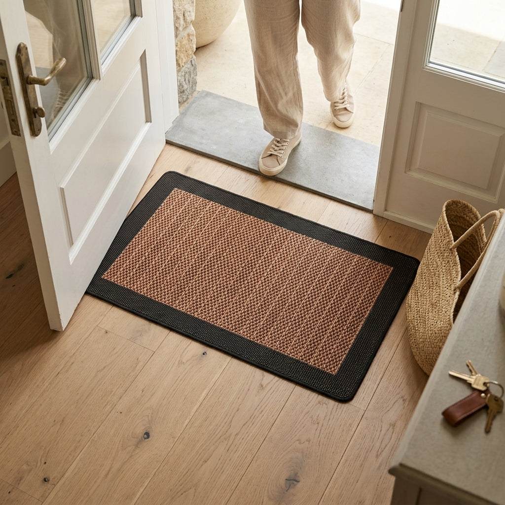 Brown doormat with black border on wooden floor, person entering through glass door.