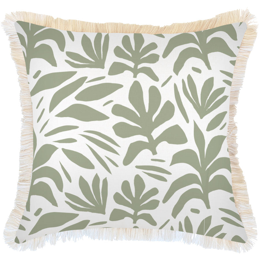 Decorative pillow with green leaf pattern and beige fringe on a white background