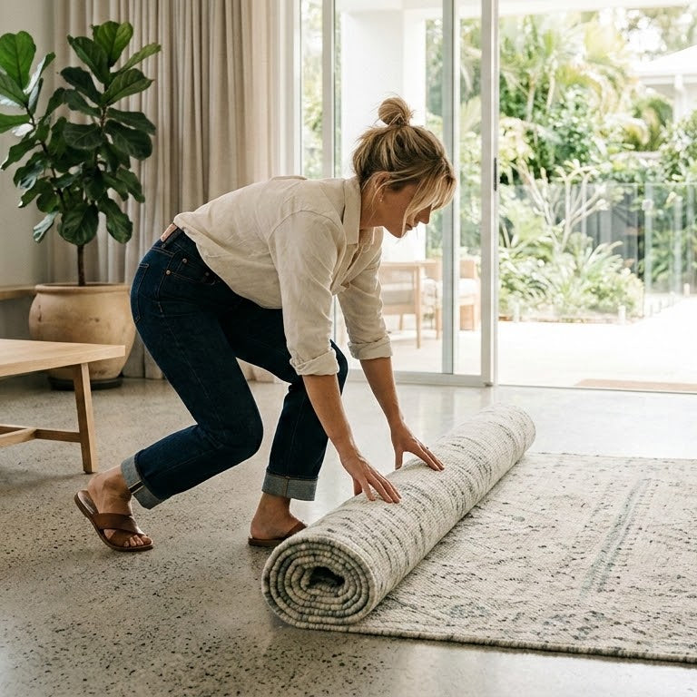 Woman unrolling a rug in a living room