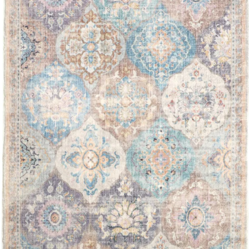 Decorative area rug with intricate pattern in pastel colors on a light background
