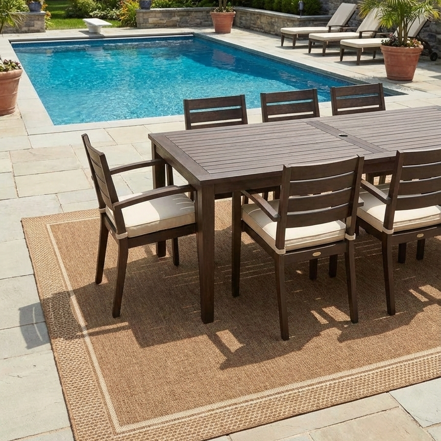 Outdoor patio set with table and chairs by a pool