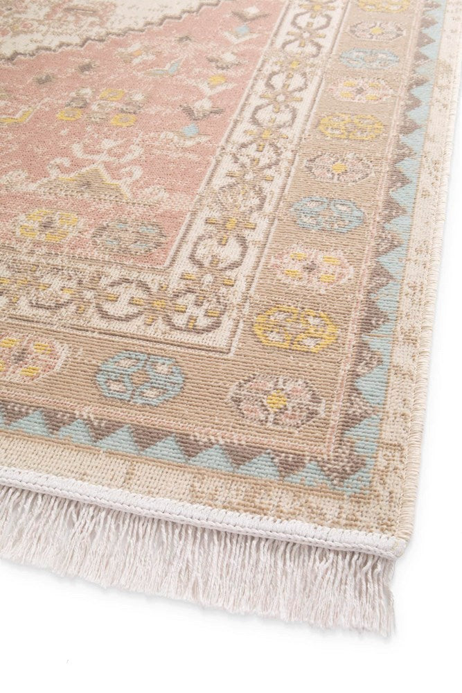 Close-up of a patterned rug with decorative border and fringe on a white background