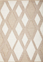 A woven rug with a geometric diamond pattern in off-white and natural tones.