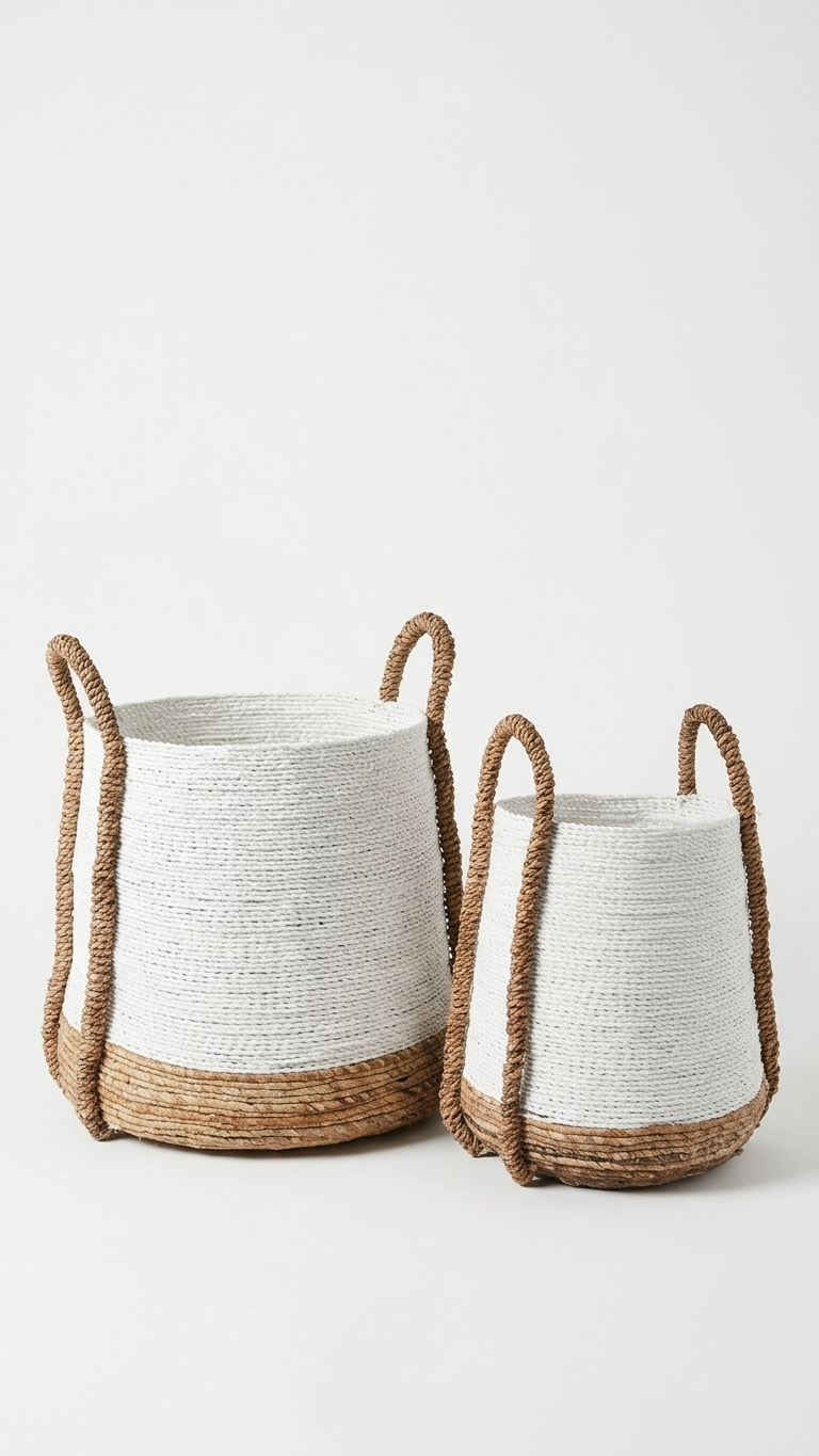 Two woven storage baskets with natural jute handles and white woven bodies, shown on a clean white background.