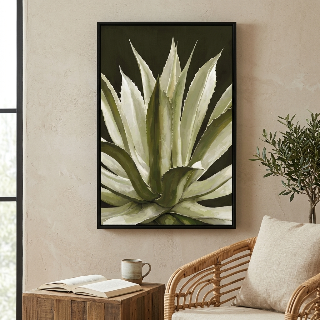 A framed botanical art print of an agave plant in shades of green and cream, displayed on a textured beige wall above a wooden side table and rattan armchair.