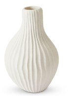An off-white ceramic vase with a textured, vertically ribbed design and a flared rim, shown on a plain white background.