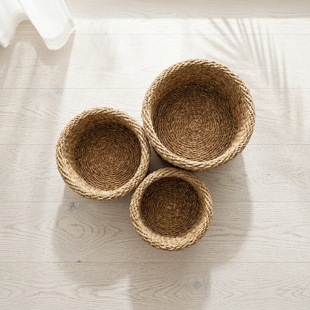 Three round woven natural fiber baskets in different sizes arranged on a light wood floor with soft shadows.