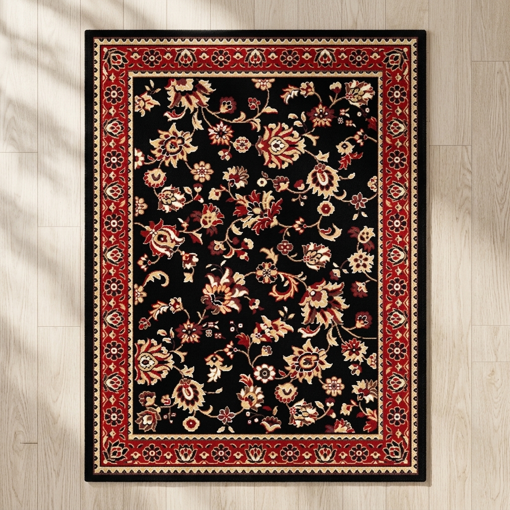 A rectangular area rug with a black field, featuring an intricate floral pattern in red, beige, and cream, surrounded by a detailed red and beige border, shown flat on a light wood plank floor.