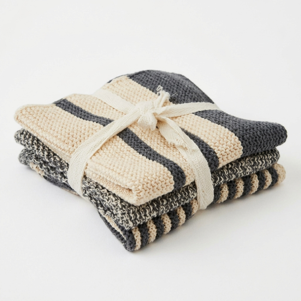 Three folded woven throw blankets with cream and dark gray stripes, tied together with a cream ribbon, on a white background.