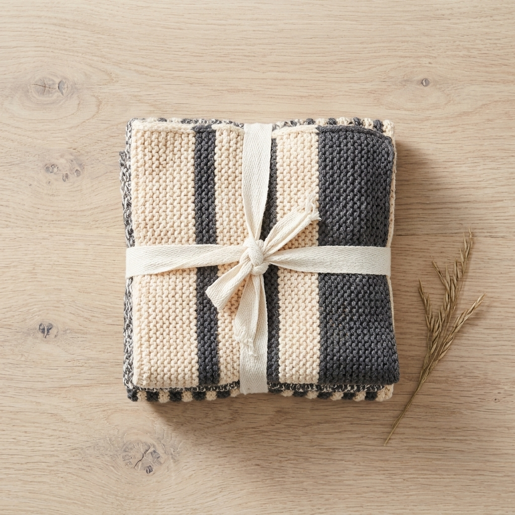 A folded knit blanket with vertical stripes in cream and dark charcoal gray, tied with a cream ribbon and bow on a light wood surface.