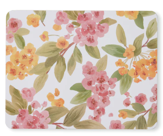 Floral patterned mat with pink and yellow flowers on a white background