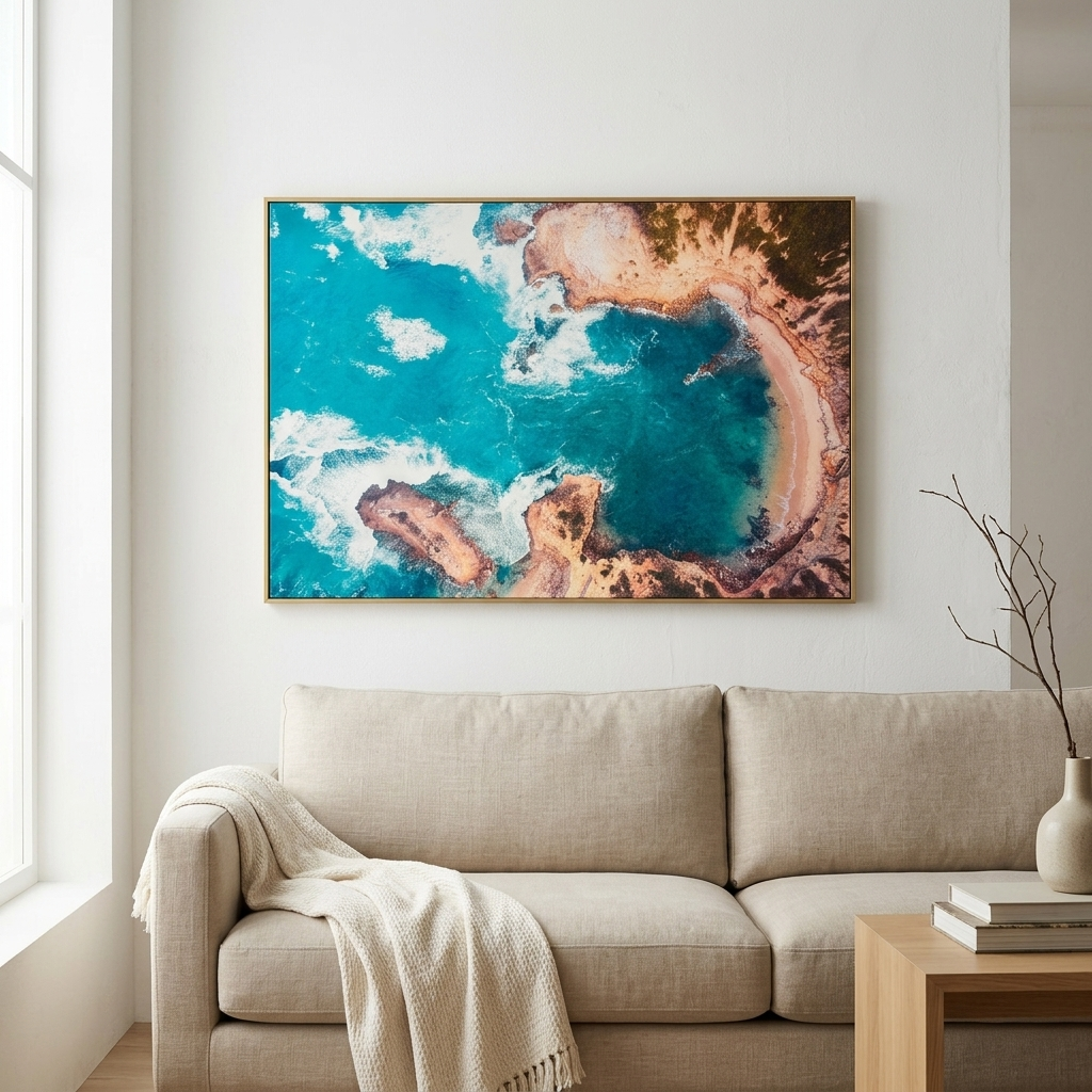 A framed aerial photograph of a turquoise ocean and sandy coastline hangs on a white wall above a beige sofa in a bright living room.