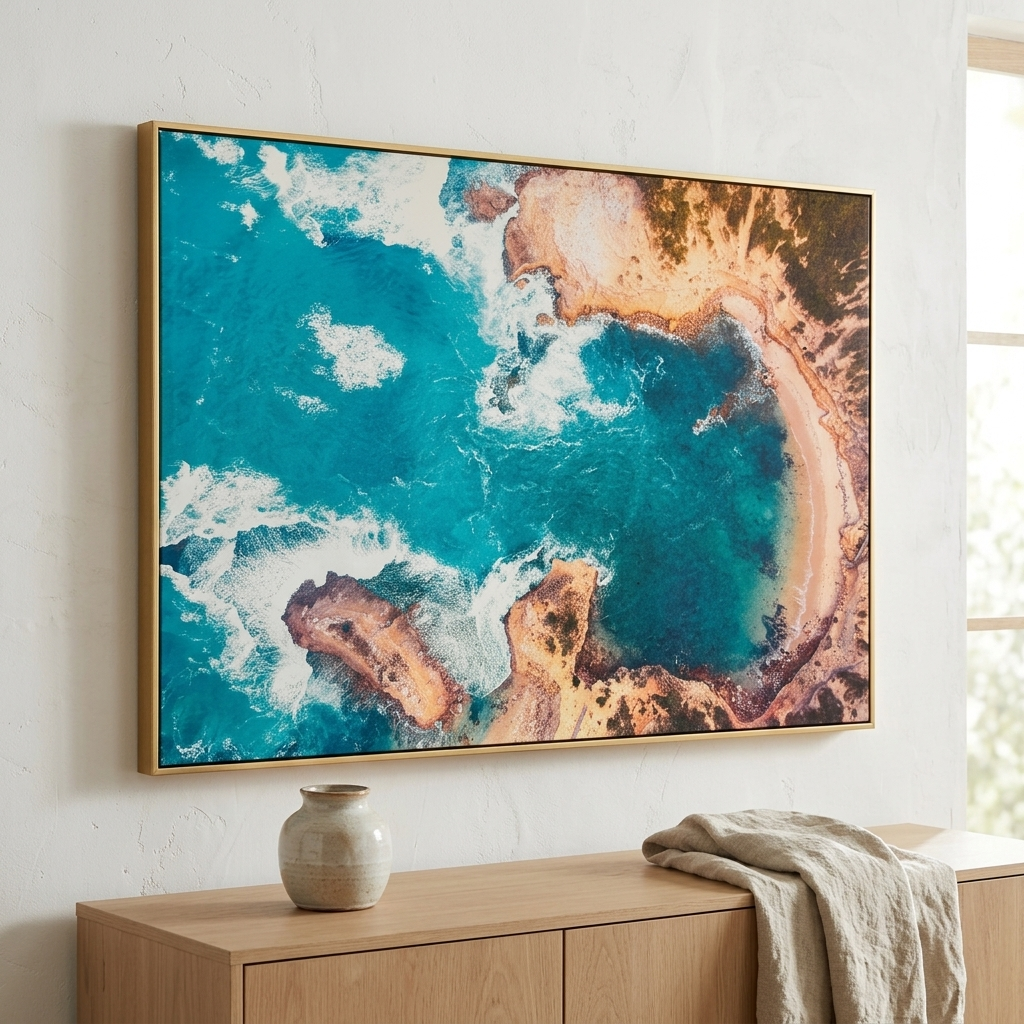 A large framed abstract coastal artwork hangs on a white wall above a light wood console table. The print shows vivid turquoise water, white surf, and warm tan/beige shoreline tones, surrounded by a thin gold-toned frame.
