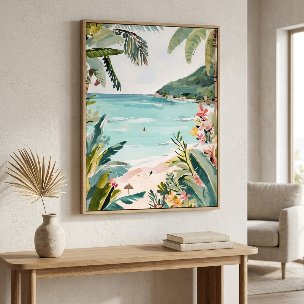 A framed tropical beach art print hangs on a light beige wall above a wooden console table. The artwork features lush green palm leaves, a sandy beach, turquoise ocean water, and colorful tropical flowers.