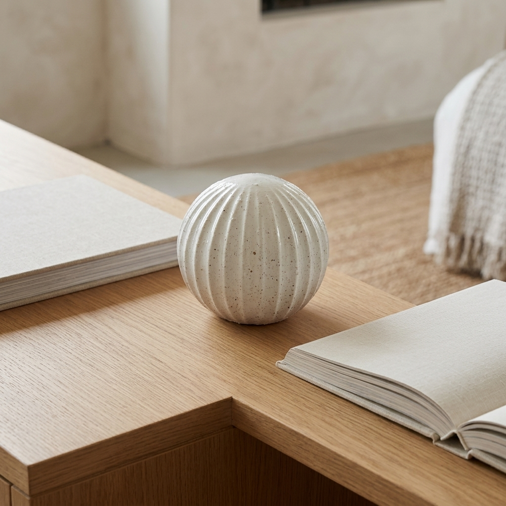 A ribbed, spherical ceramic vase in a warm off-white speckled finish sits on a light oak wooden table in a cozy, modern room setting with books and a textured rug.