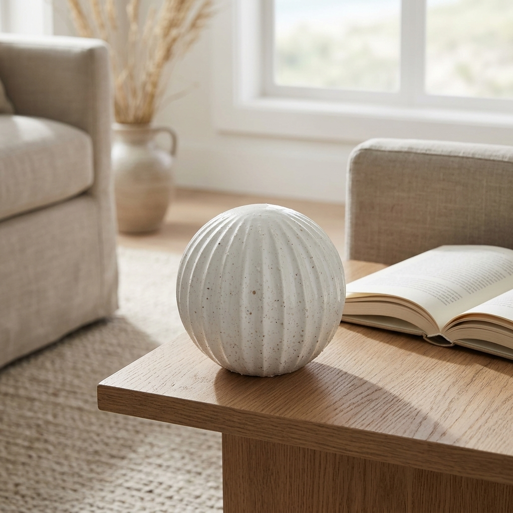 A ribbed white ceramic decorative sphere sits on a light wood coffee table in a bright, modern living room setting with a sofa, open book, and window in the background.