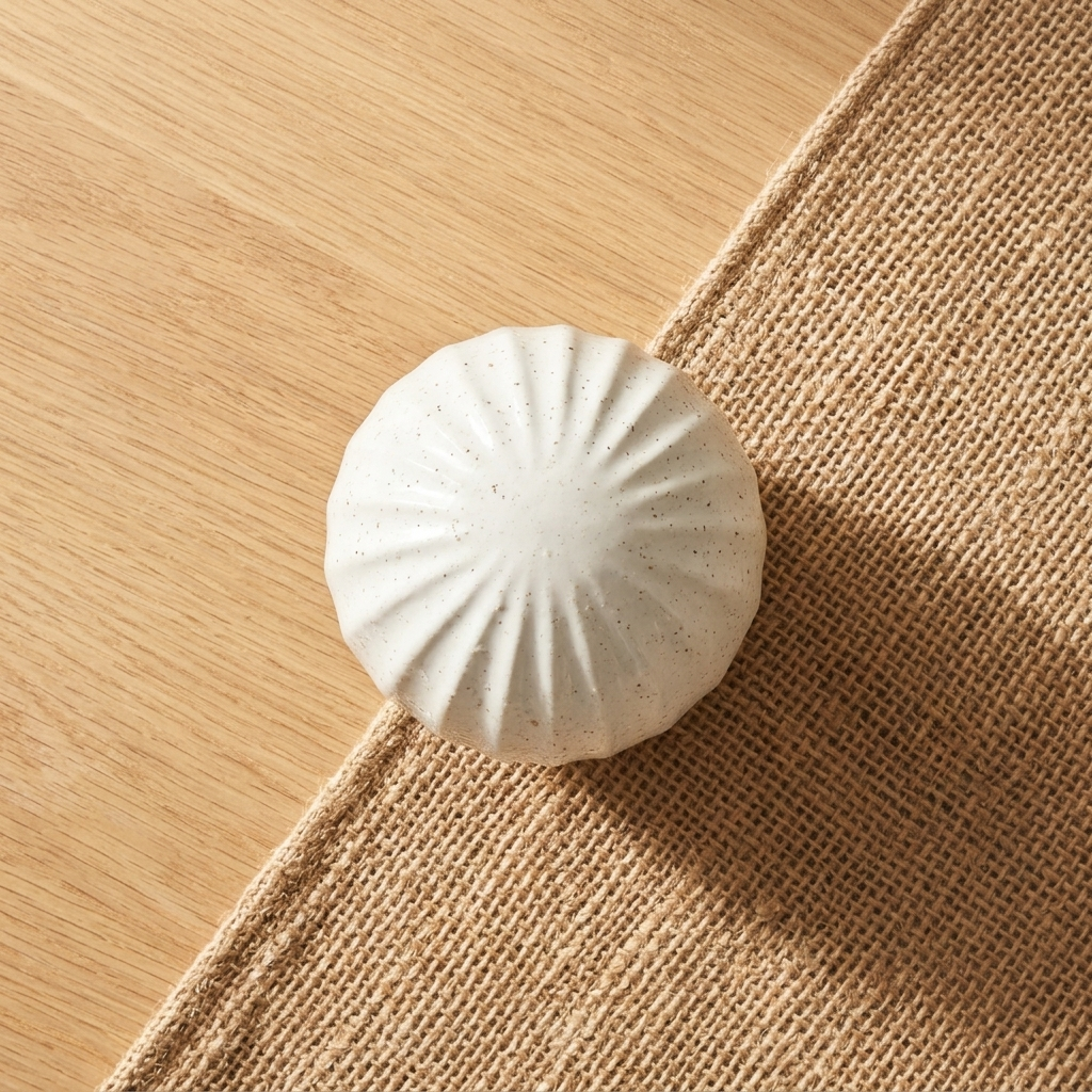 A small round white ceramic decorative piece with a sunburst or ribbed top, placed on a beige woven textile over a light wood surface.