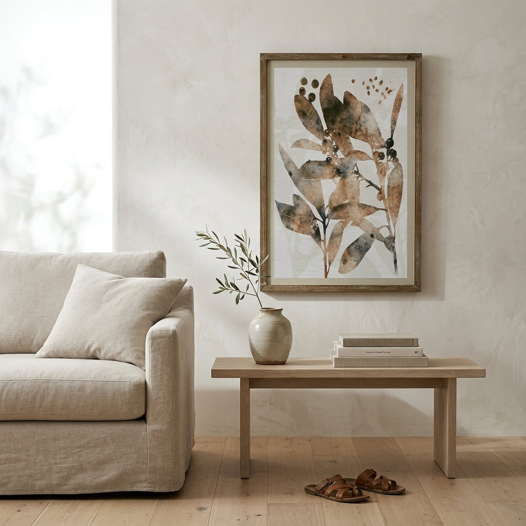 A framed botanical art print with watercolor-style leaves in earthy brown and beige tones, displayed on a textured off-white wall above a light wood bench with a ceramic vase and books, next to a beige sofa.