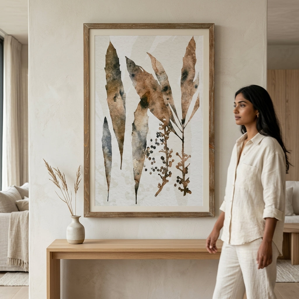 A woman in a white linen outfit stands beside a framed botanical wall art print in a warm, modern living room. The print features watercolor-style leaves and stems in earthy brown, beige, and muted blue-gray tones on a light background, enclosed in a natural wood frame.