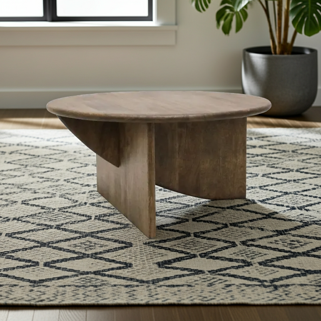 Wooden coffee table in a room with a patterned rug and a plant in the background