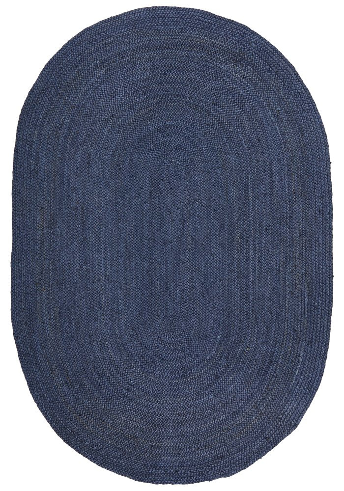 Blue oval braided rug on a white background