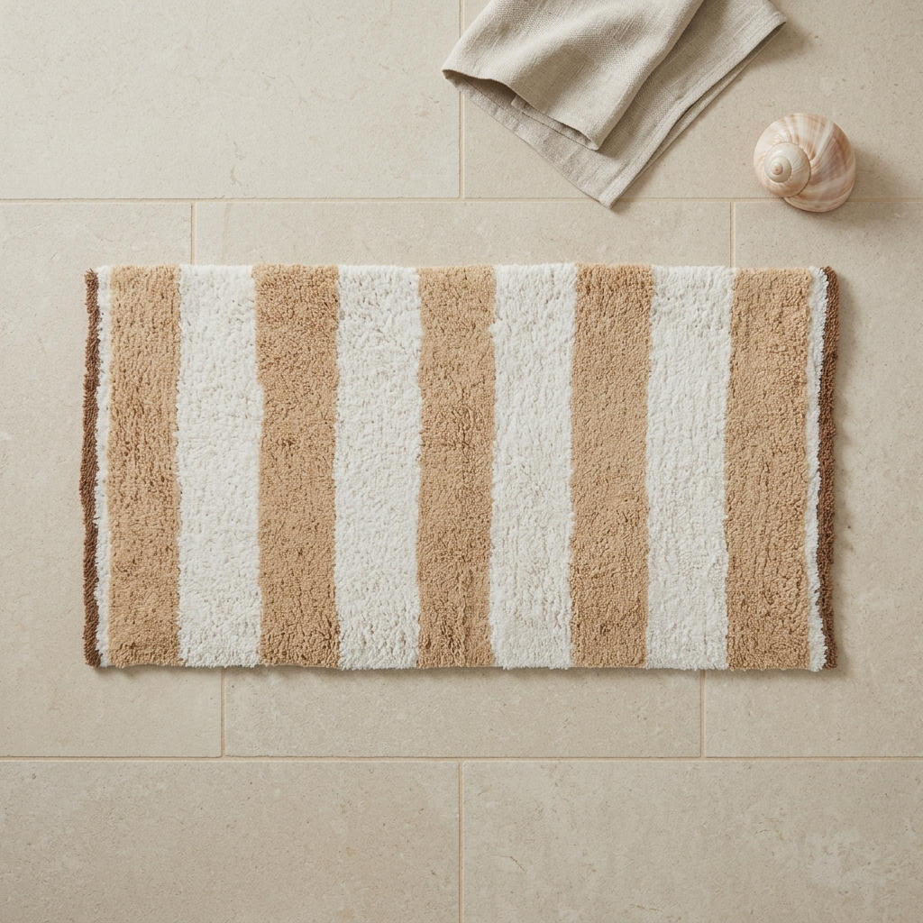A rectangular bath mat with vertical tan and off-white stripes, laid flat on beige tiled flooring with a folded beige towel and a small seashell nearby.
