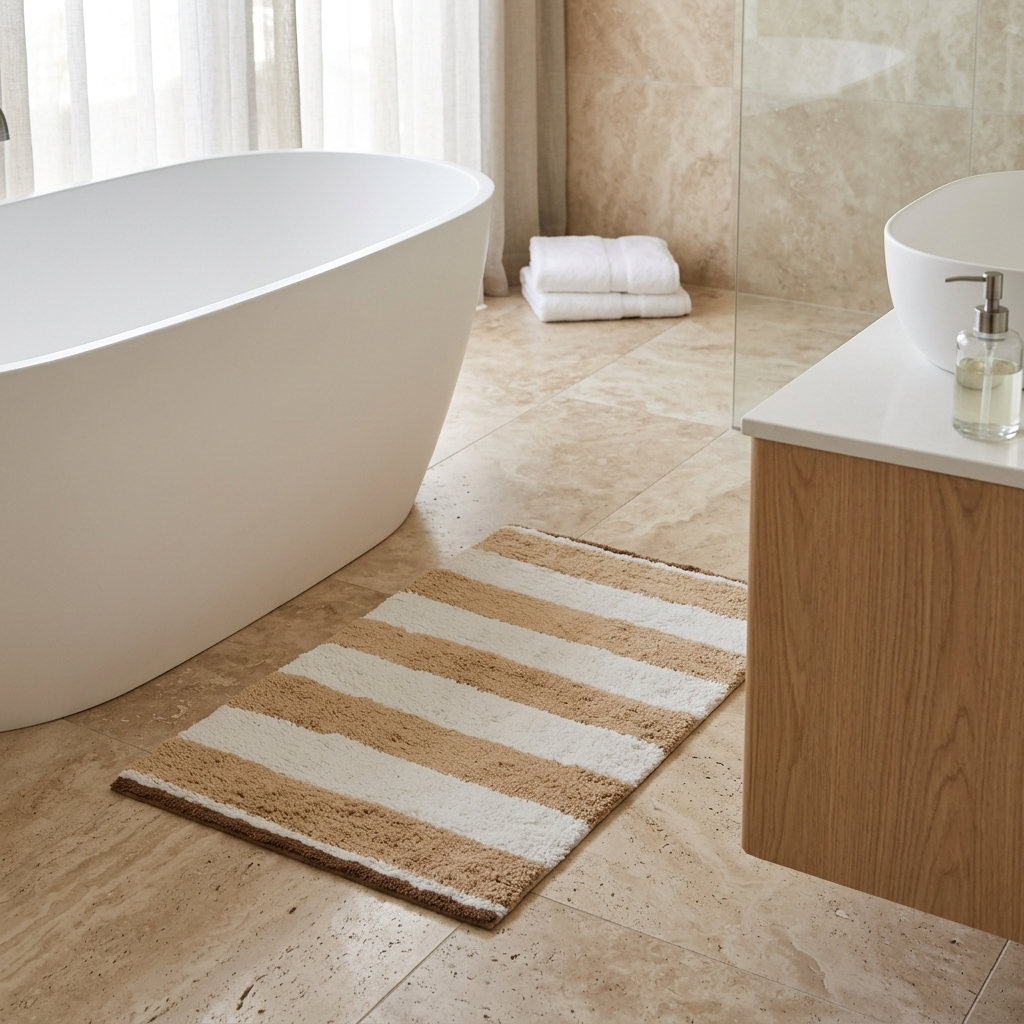 A rectangular bath mat with horizontal beige and off-white stripes lies on a beige tiled bathroom floor next to a white freestanding bathtub and a wooden vanity.