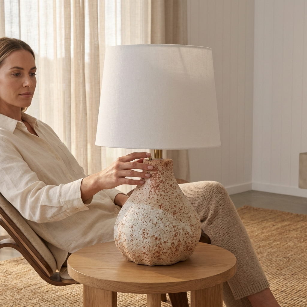 A woman sits in a wooden chair beside a round wooden side table holding a table lamp with a large white drum shade and a speckled ceramic base in warm beige and terracotta tones.