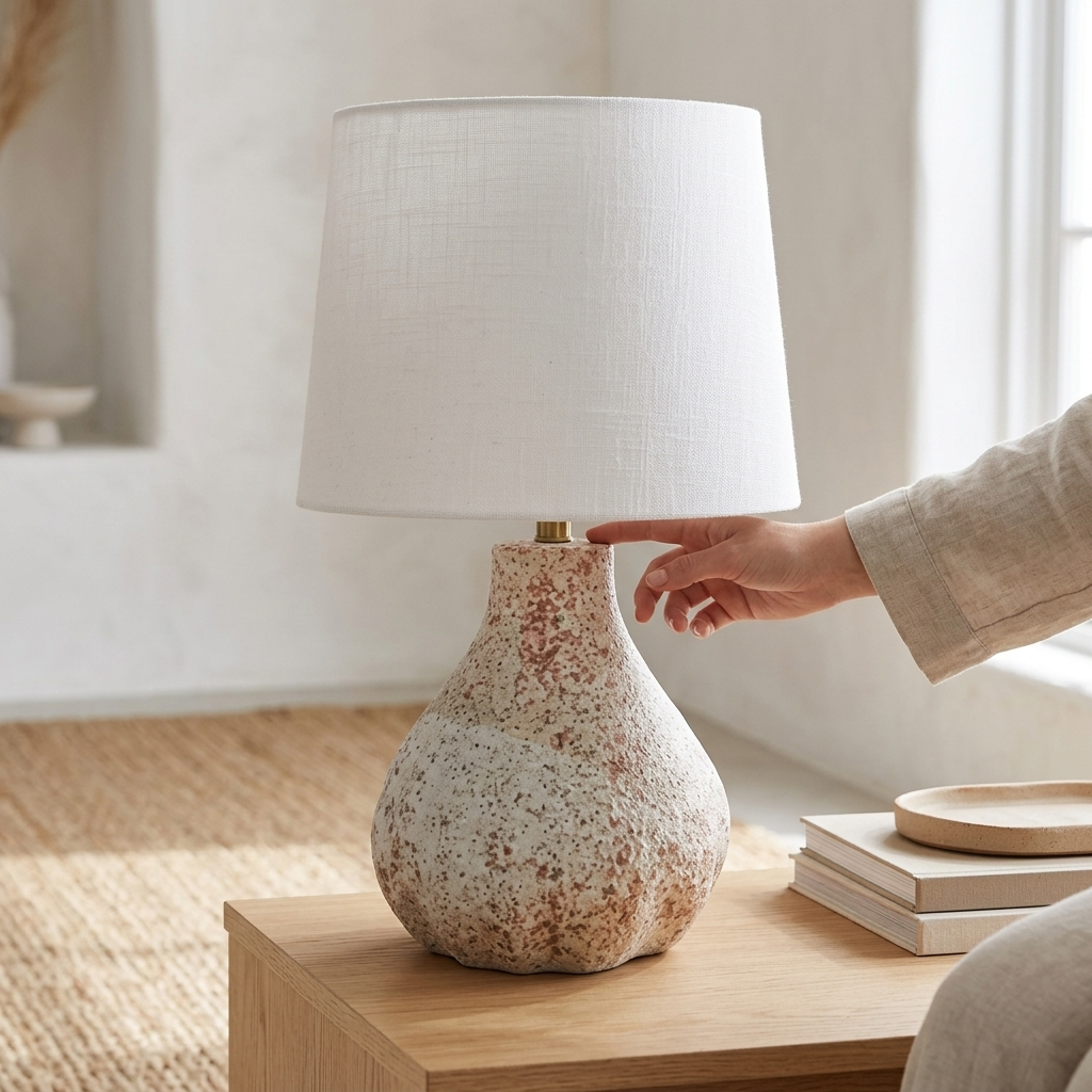 A table lamp with a textured, speckled ceramic base and a white linen drum shade, shown on a wooden table in a bright room with a person's hand reaching toward the lamp.