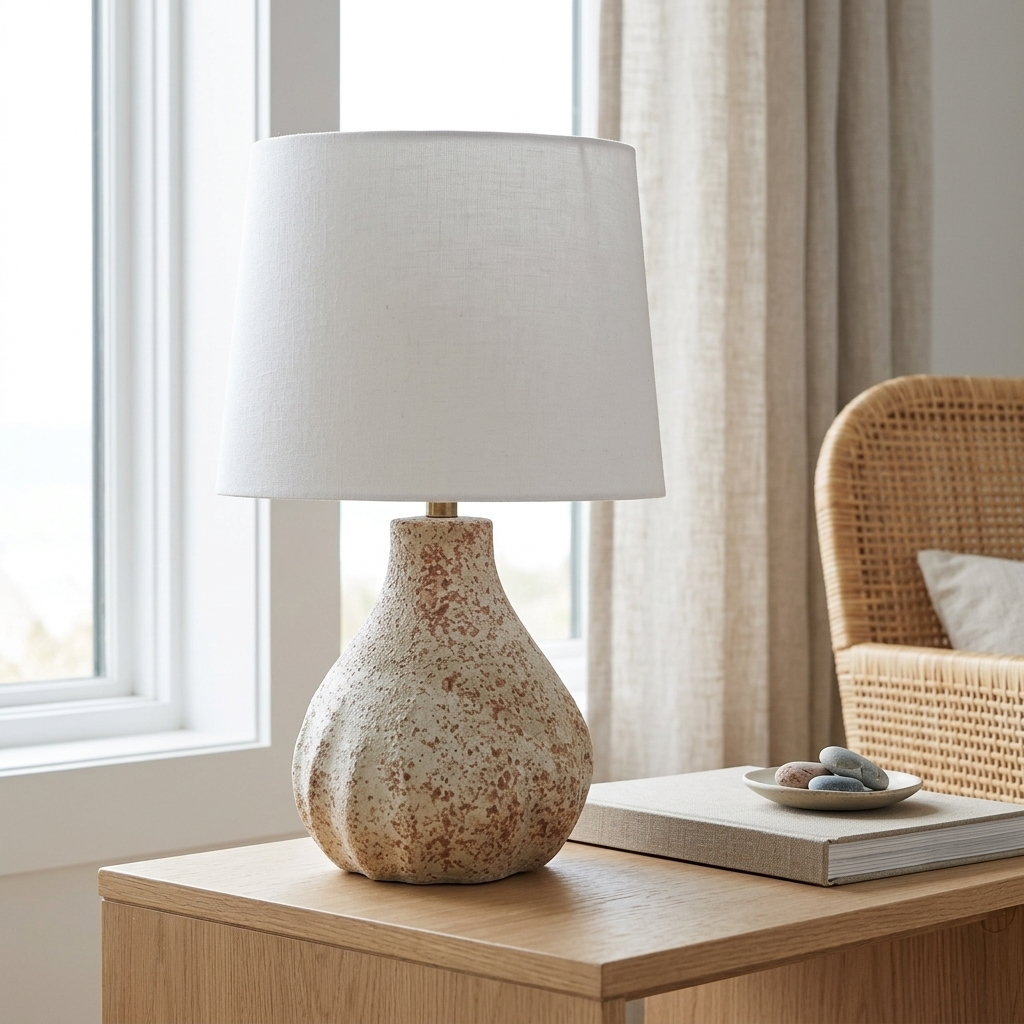 A table lamp with a textured, speckled beige ceramic base and a white fabric drum shade, styled on a light wood side table in a bright room next to a window.