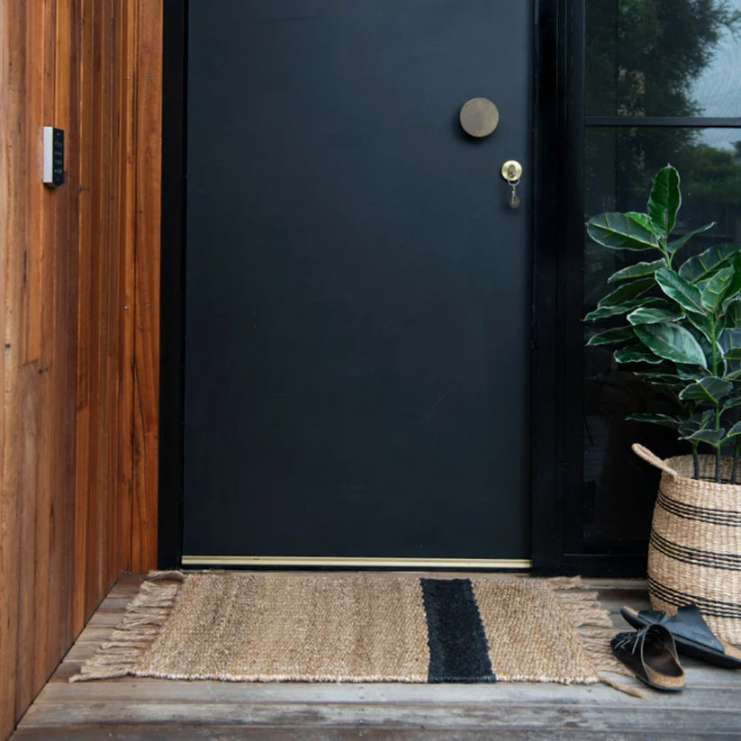 Dark blue door with a doormat, plant, and shoes on a wooden floor.
