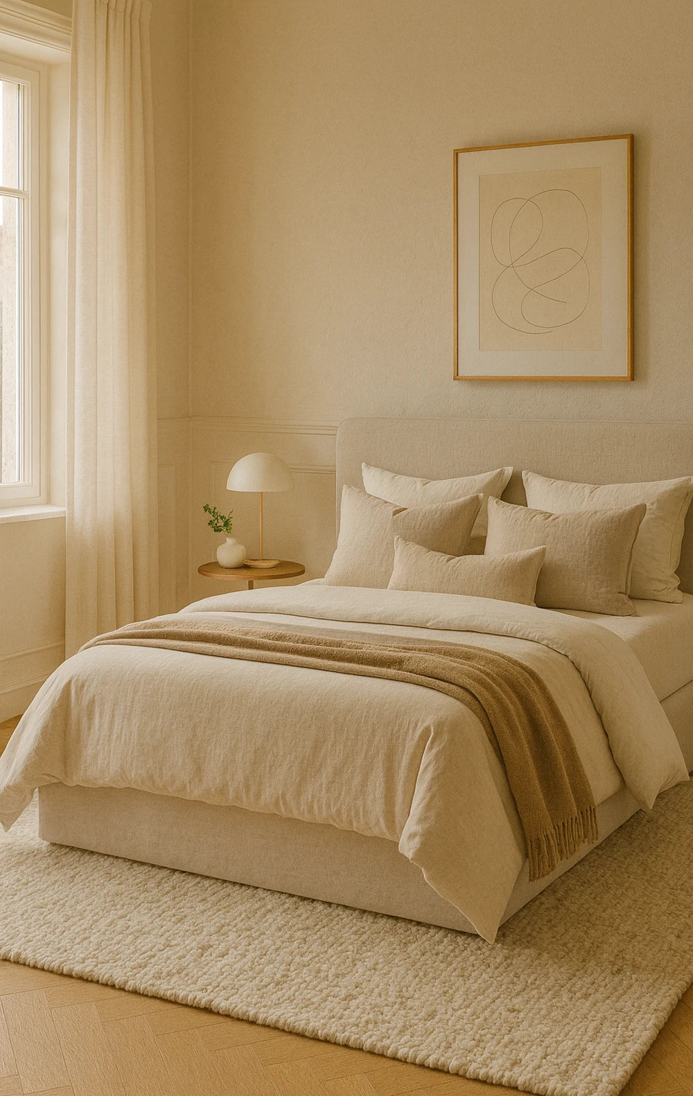 Neatly made bed in a bedroom with beige walls and decor.