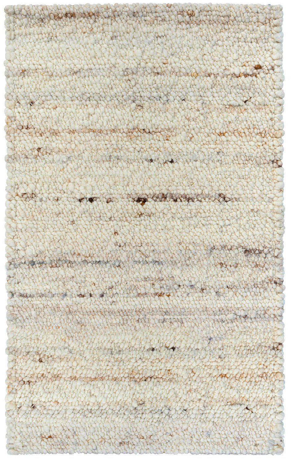 Textured area rug with a neutral color palette on a white background