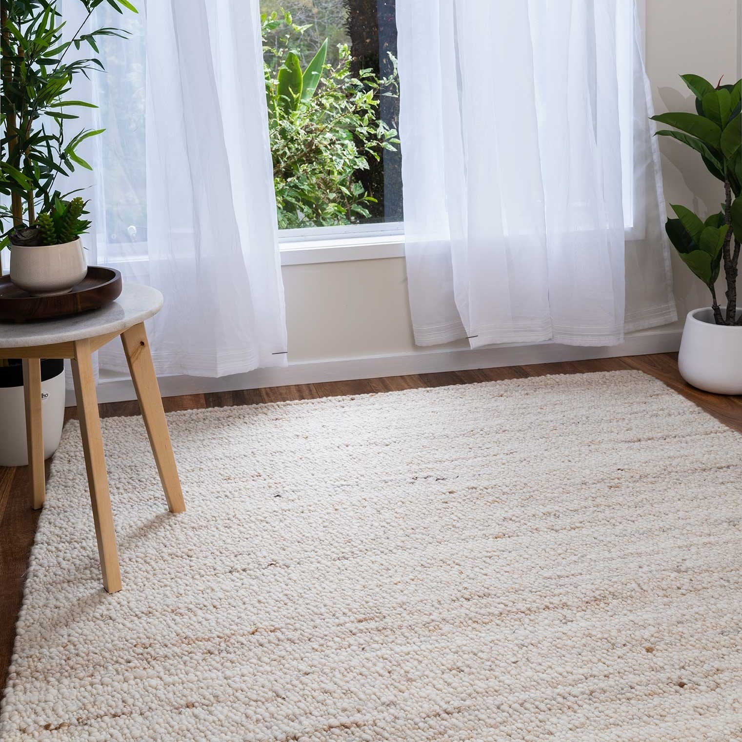 Living room with large windows, white curtains, a rug, and potted plants.
