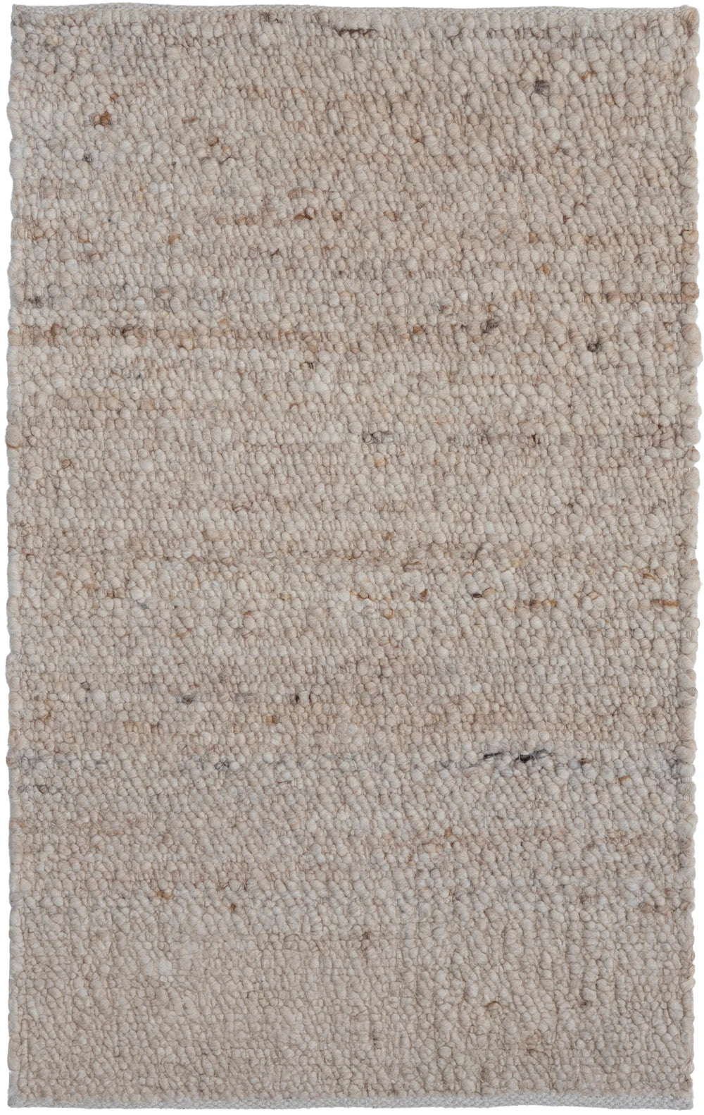 Textured beige rug with a subtle pattern on a plain background