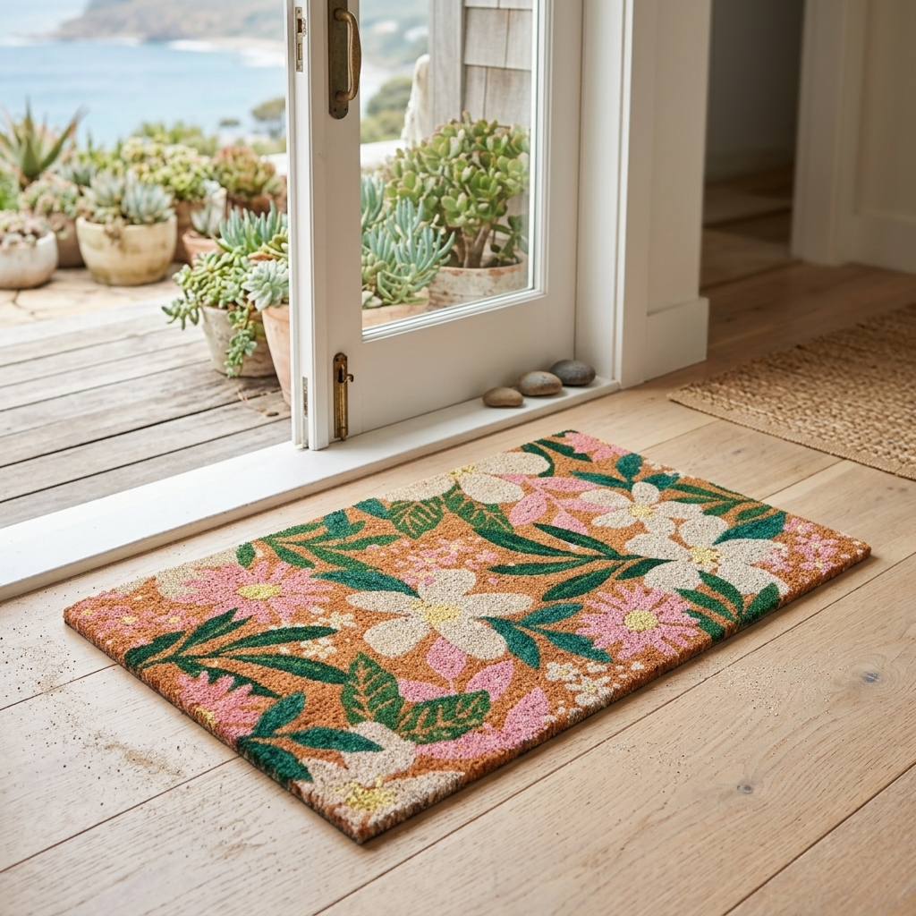 A rectangular coir doormat with a colorful floral pattern in pink, green, cream, and orange, placed on a light wood floor in front of an open white door leading to a deck and ocean view.