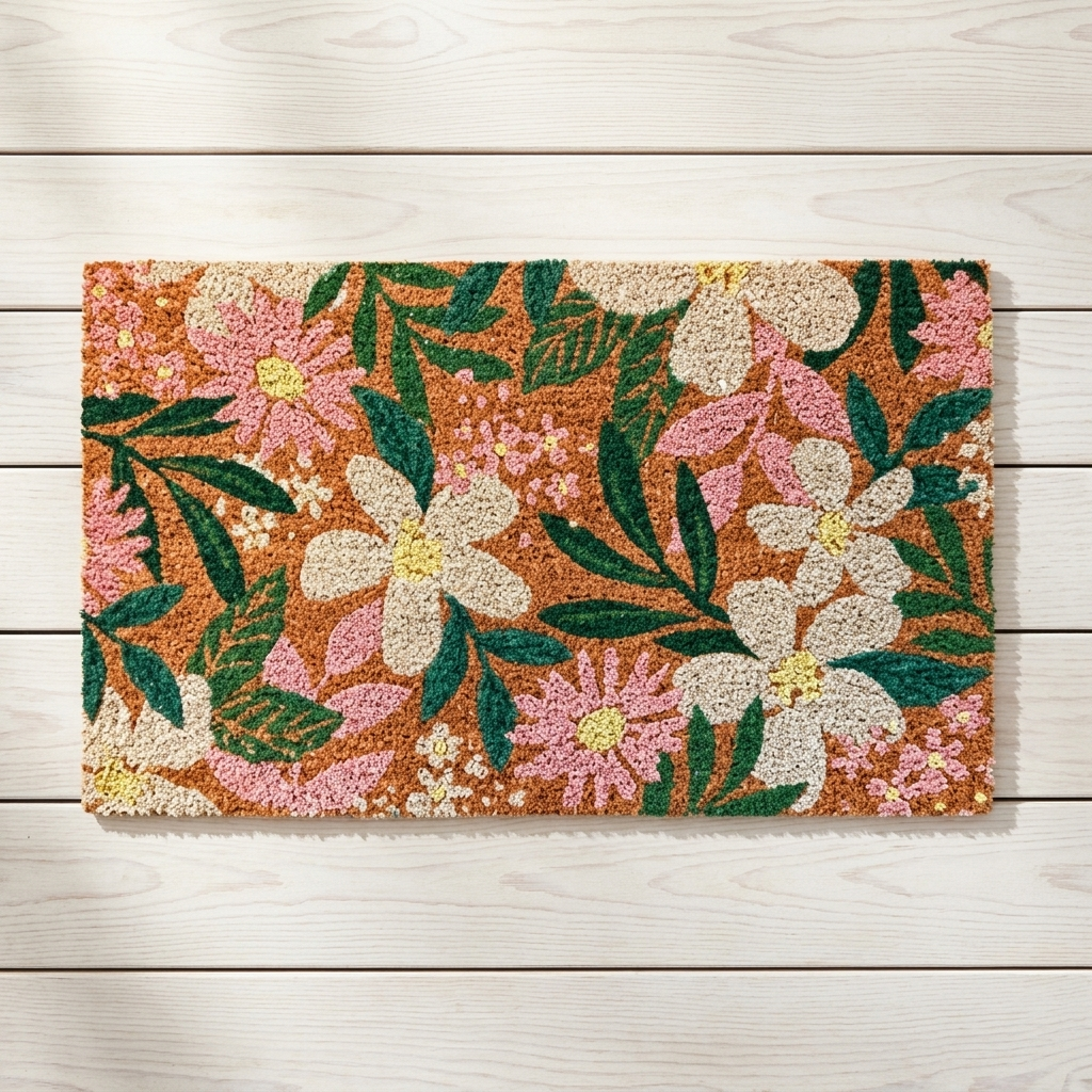 A rectangular coir doormat with a colorful floral pattern, laid flat on a light-colored wooden plank floor.