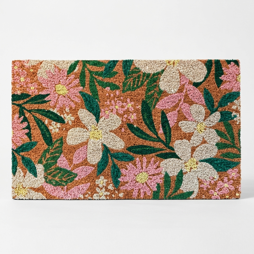 A rectangular woven doormat featuring a vibrant floral pattern with pink and cream flowers, green leaves, and yellow centers on a warm brown background, shown against a plain white studio backdrop.