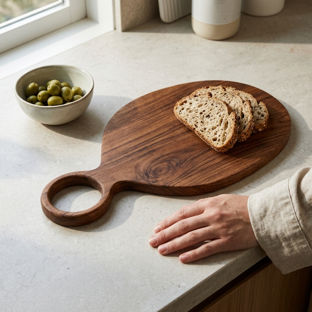 A dark brown wooden serving board with a loop handle sits on a light stone countertop. Slices of whole wheat bread rest on the board, and a hand in a beige linen sleeve rests beside it.